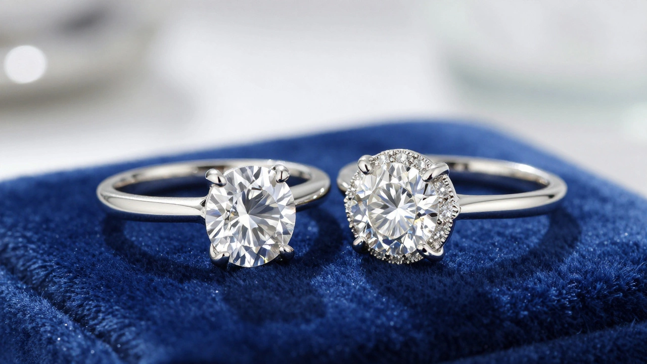 Close-up of a classic solitaire ring and a lab-grown halo diamond ring on blue velvet.