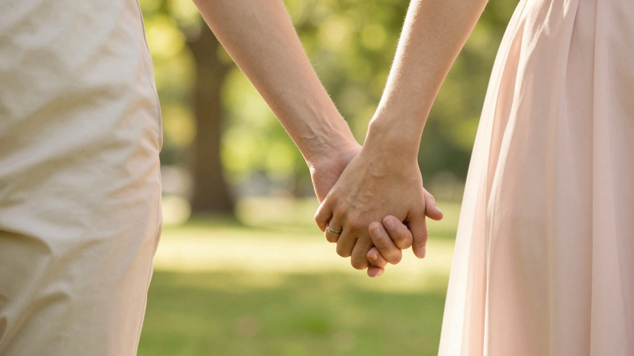 Close-up of a couple holding hands wearing modest wedding rings in a park.