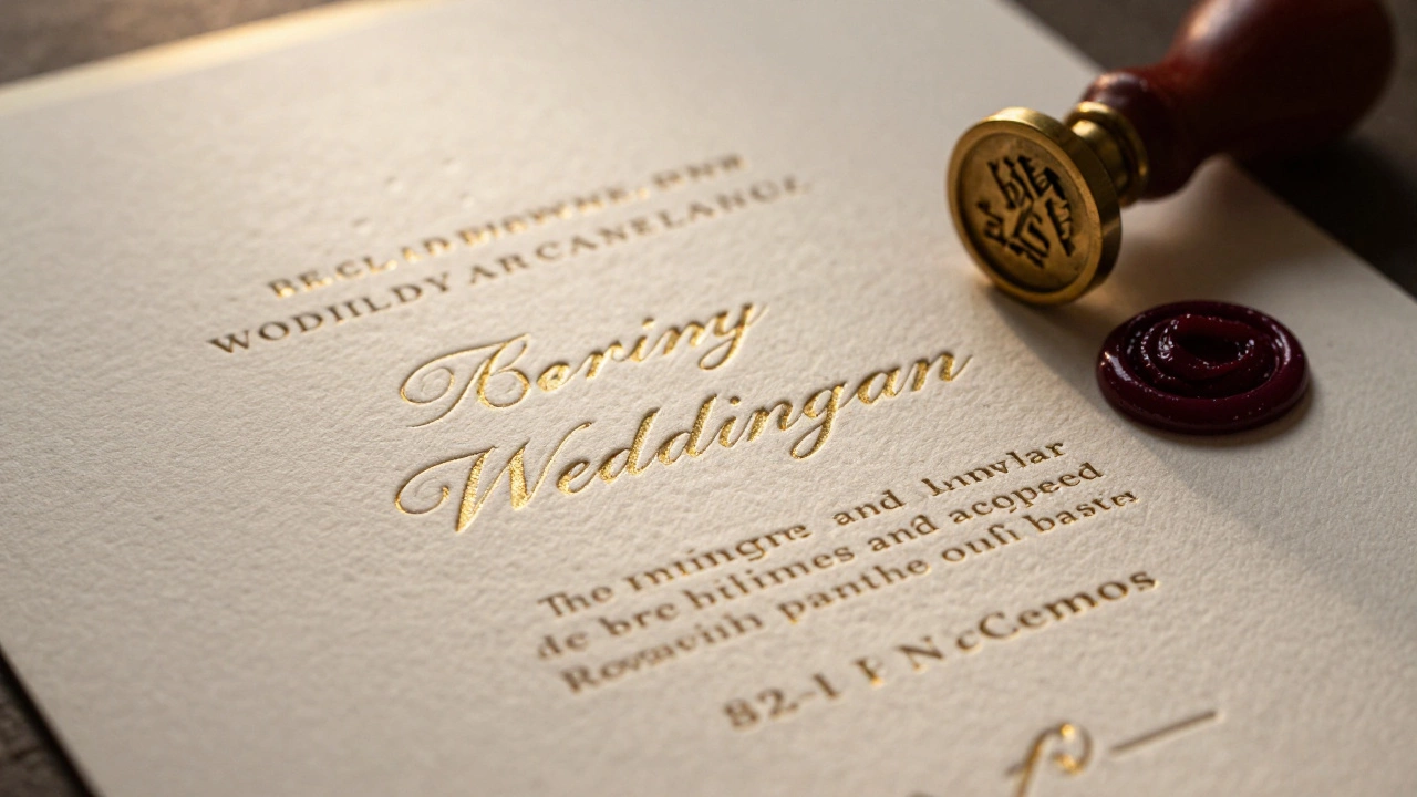 Close-up of a luxury letterpress invitation with gold foil and a wax seal