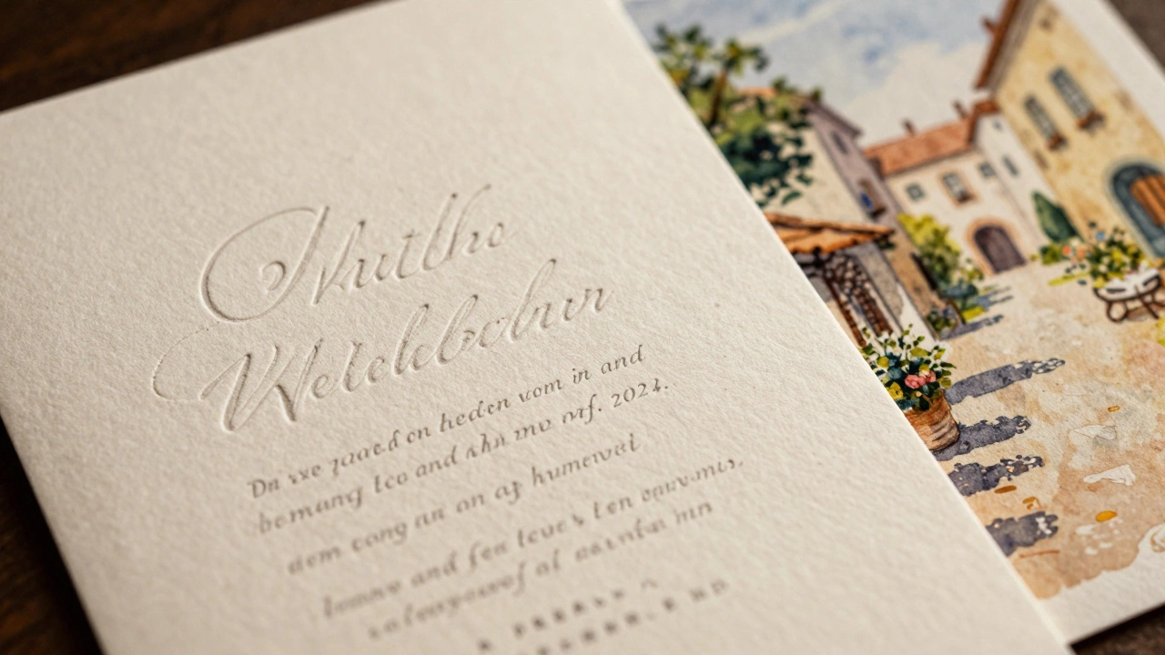 Close-up of a luxury letterpress save the date card with watercolor art.