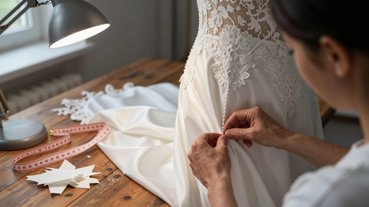 Close-up of a seamstress pinning a white lace wedding dress for alterations