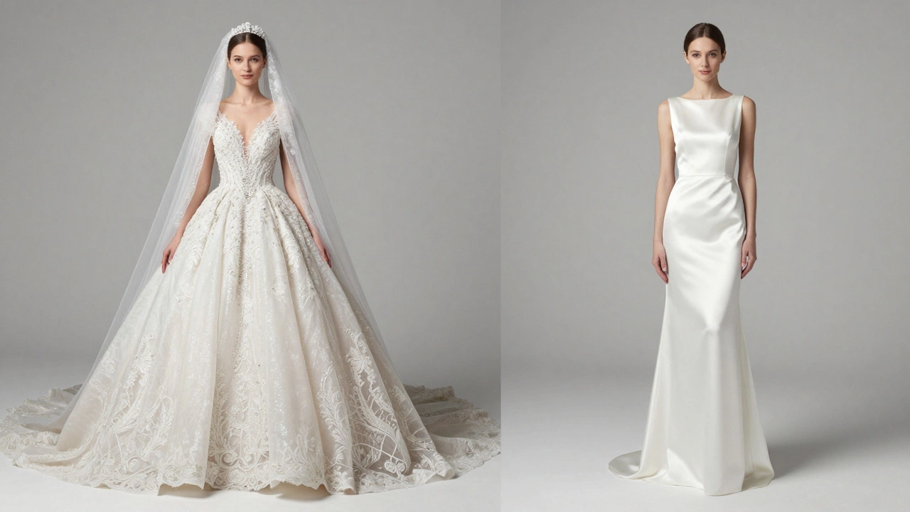 Comparison between a luxury embellished gown and a minimalist bridal set