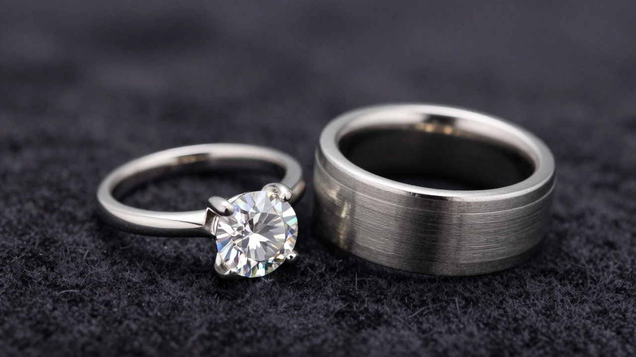 Comparison of a luxury diamond platinum ring and a modern tungsten band.