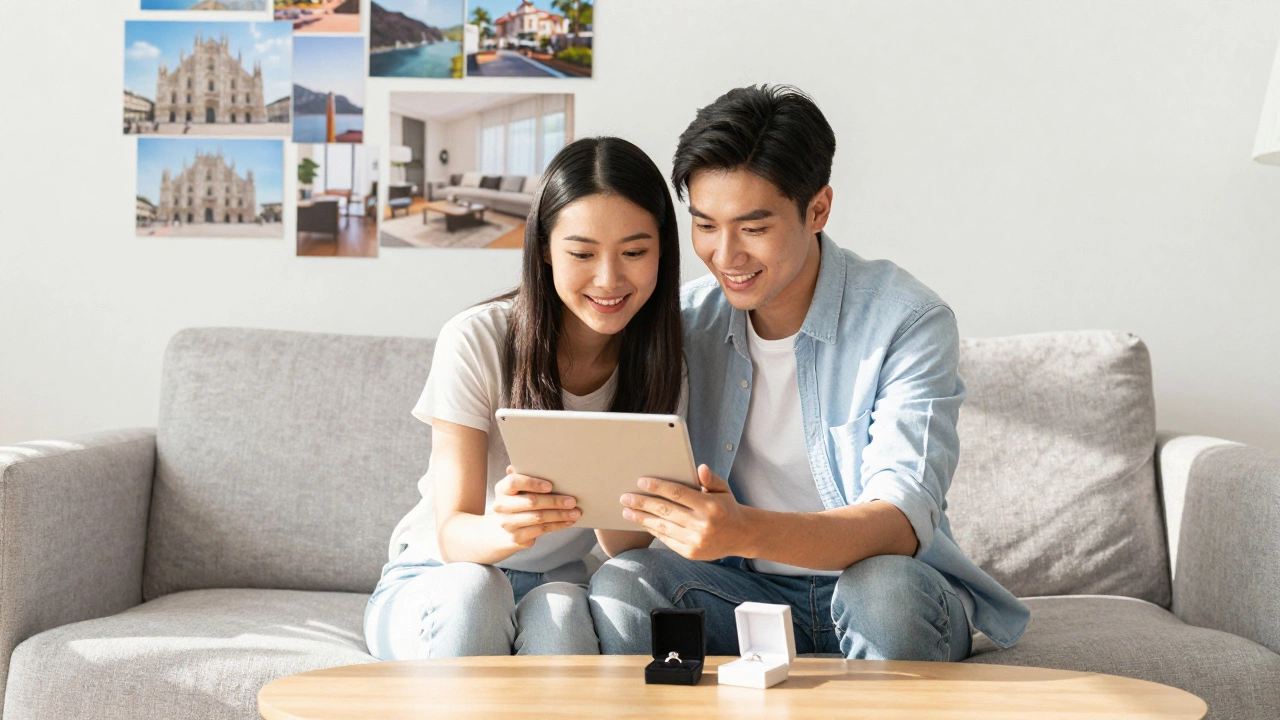 Couple planning a future together with a modest engagement ring on the table.