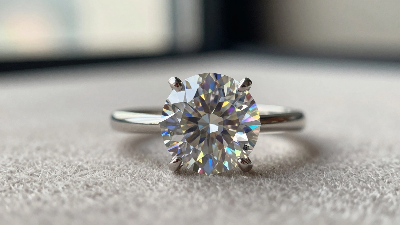 Macro shot of a brilliant cut diamond showing spectral light dispersion.