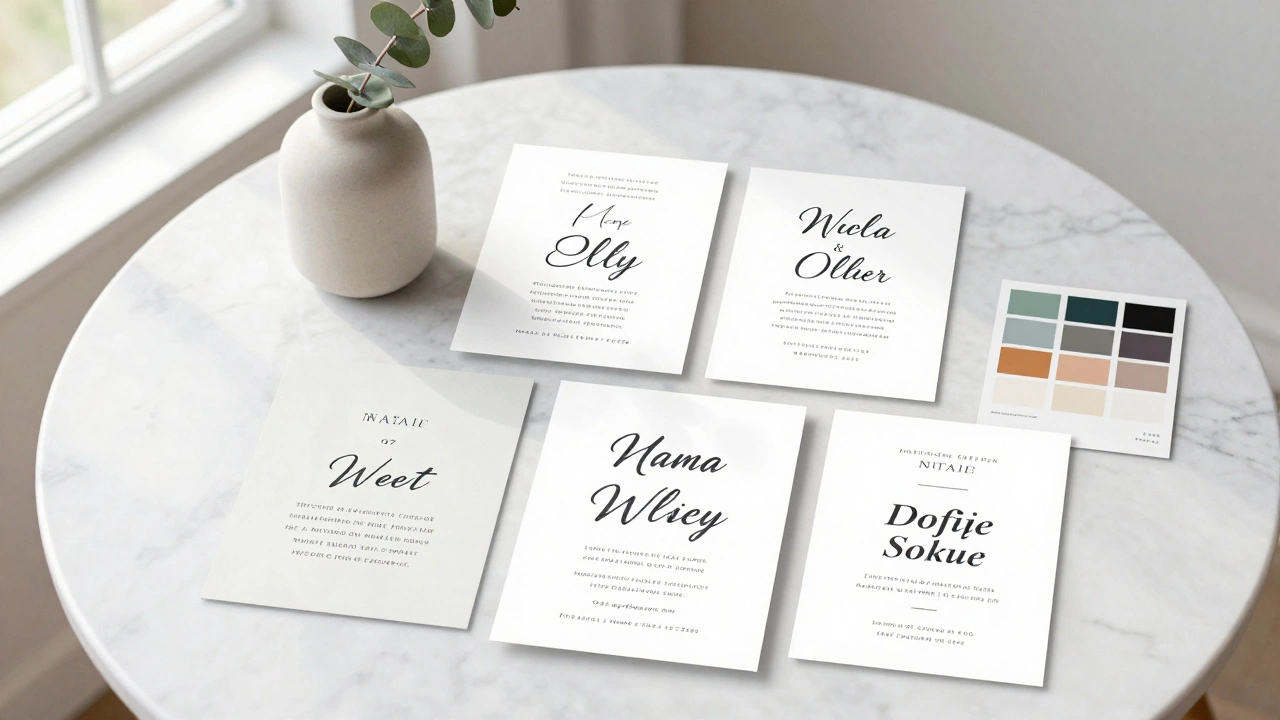 Modern wedding invitation design drafts and color swatches on a white marble table