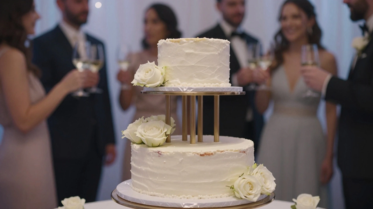 A two-tier wedding cake with fresh flowers at a reception event