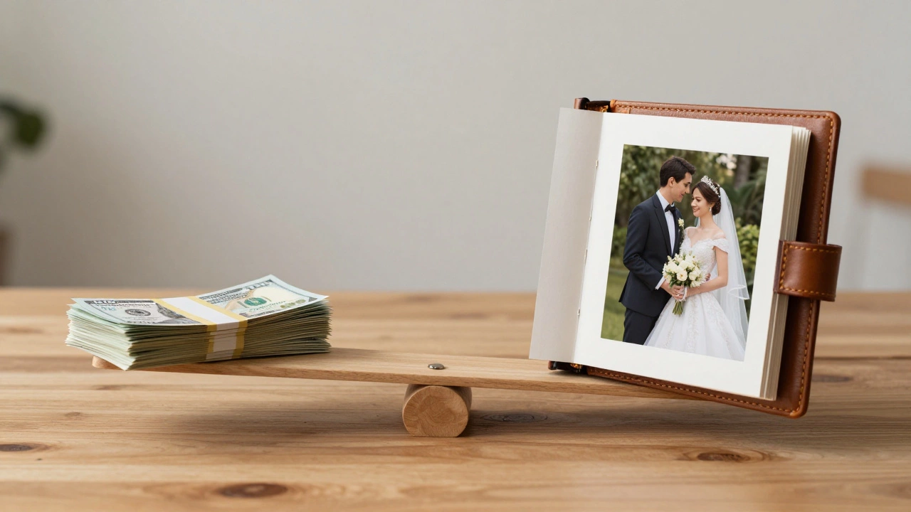 Balance scale comparing money costs to a wedding photo album