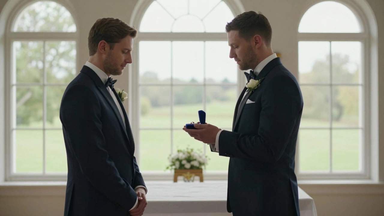Best man handing ring box to groom during wedding ceremony