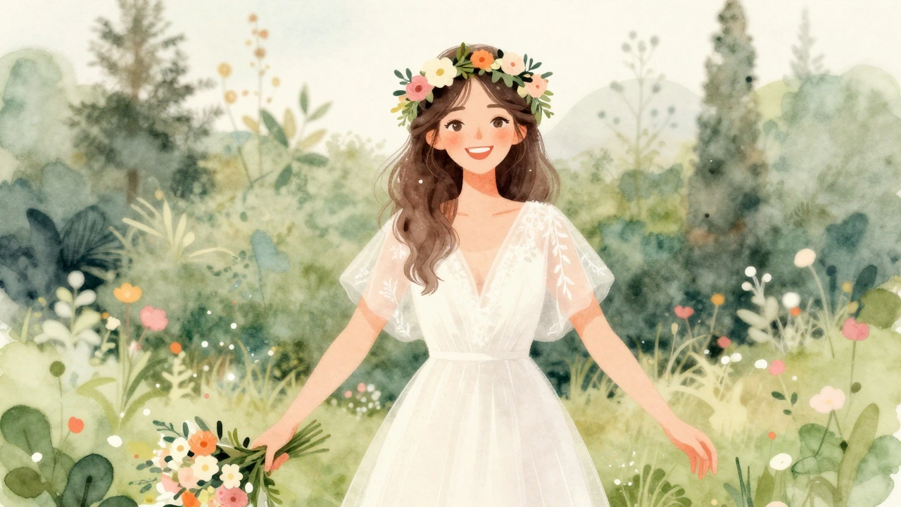 Bride wearing flower crown with empty hands in garden