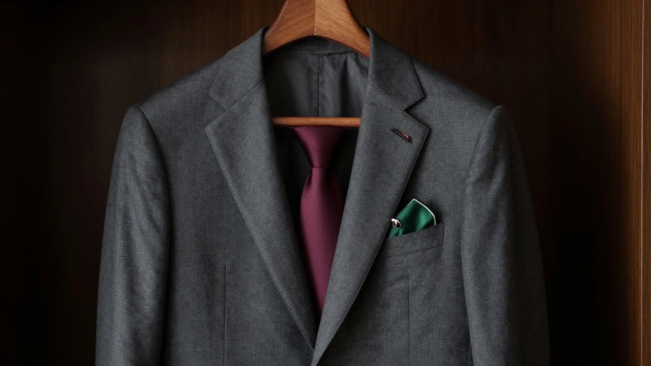 Charcoal grey suit jacket with burgundy tie accessories