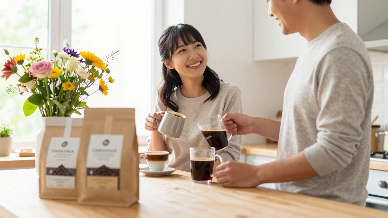 Couple enjoying coffee with experiential gift