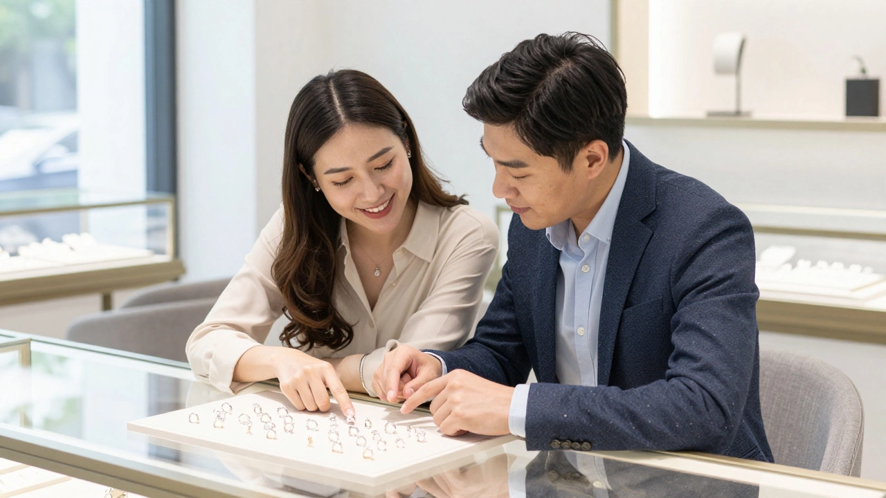 Couple selecting engagement rings together at jewelry store