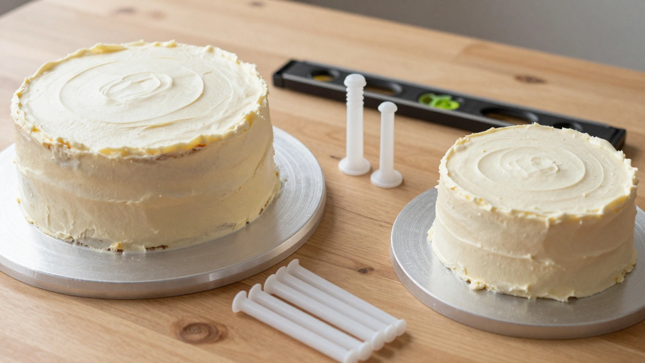 DIY cake stacking supplies including dowels and pillars next to two round cakes