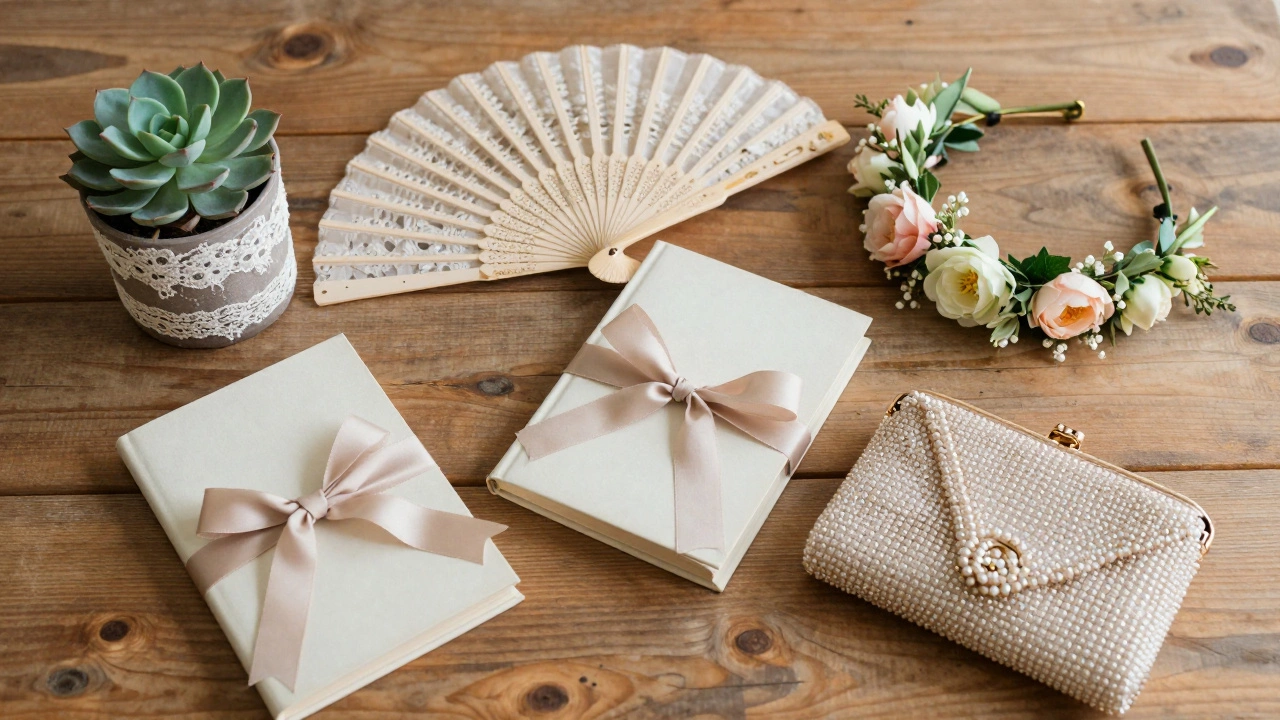 Flat lay of bridal bouquet alternatives like plants and fans