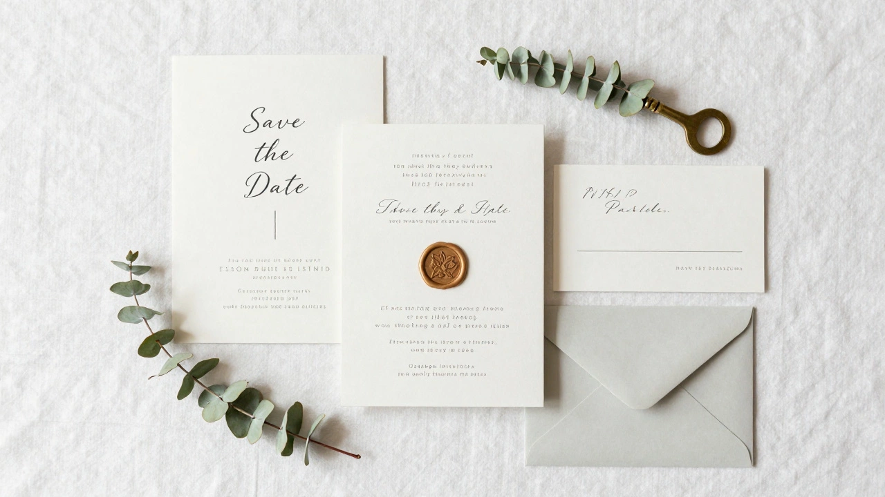 Flat lay of elegant wedding invitations, RSVP cards, and stationery on linen.