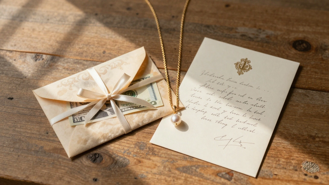 Gold jewelry, cash envelope, and handwritten letter on a table