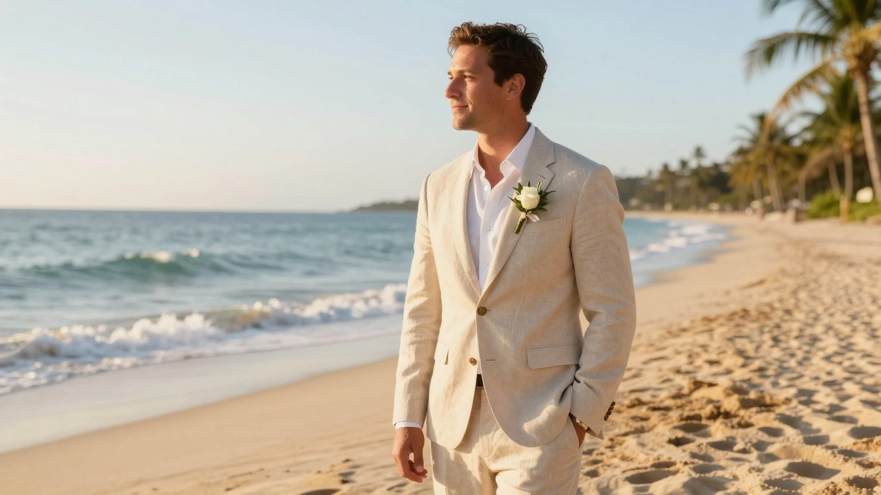 Groom in beige linen suit on sunny beach at sunset