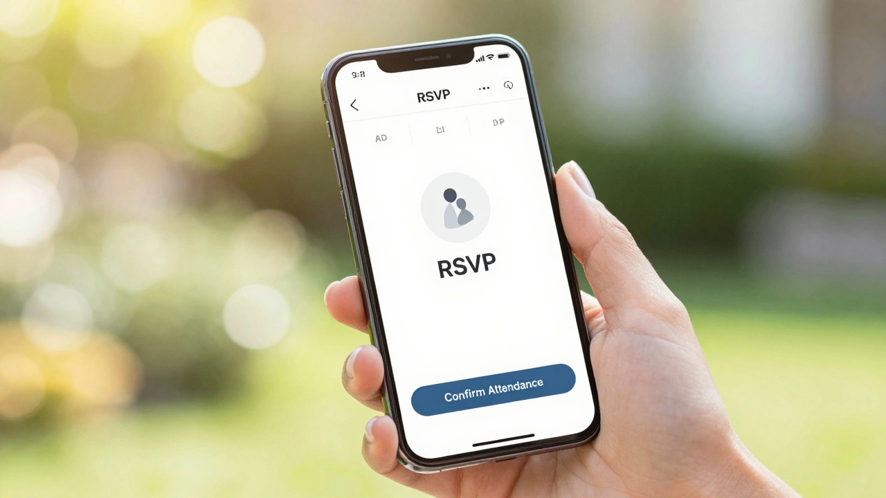 Hand holding smartphone showing digital wedding RSVP app in a garden setting.