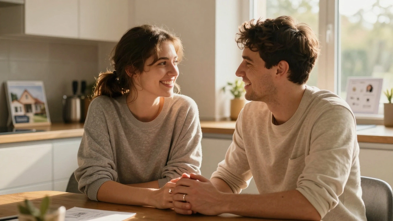 Happy couple admiring engagement ring at kitchen table