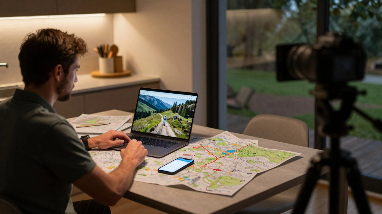 Man planning proposal with maps and phone at night