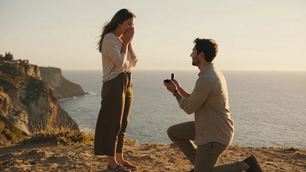 Man proposing to woman on a sunny cliffside