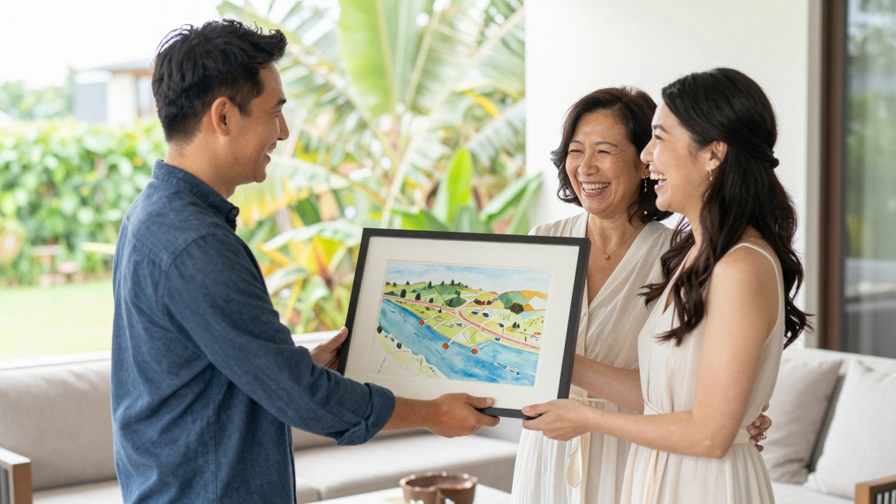 Mother-in-law giving a custom art piece to the bride