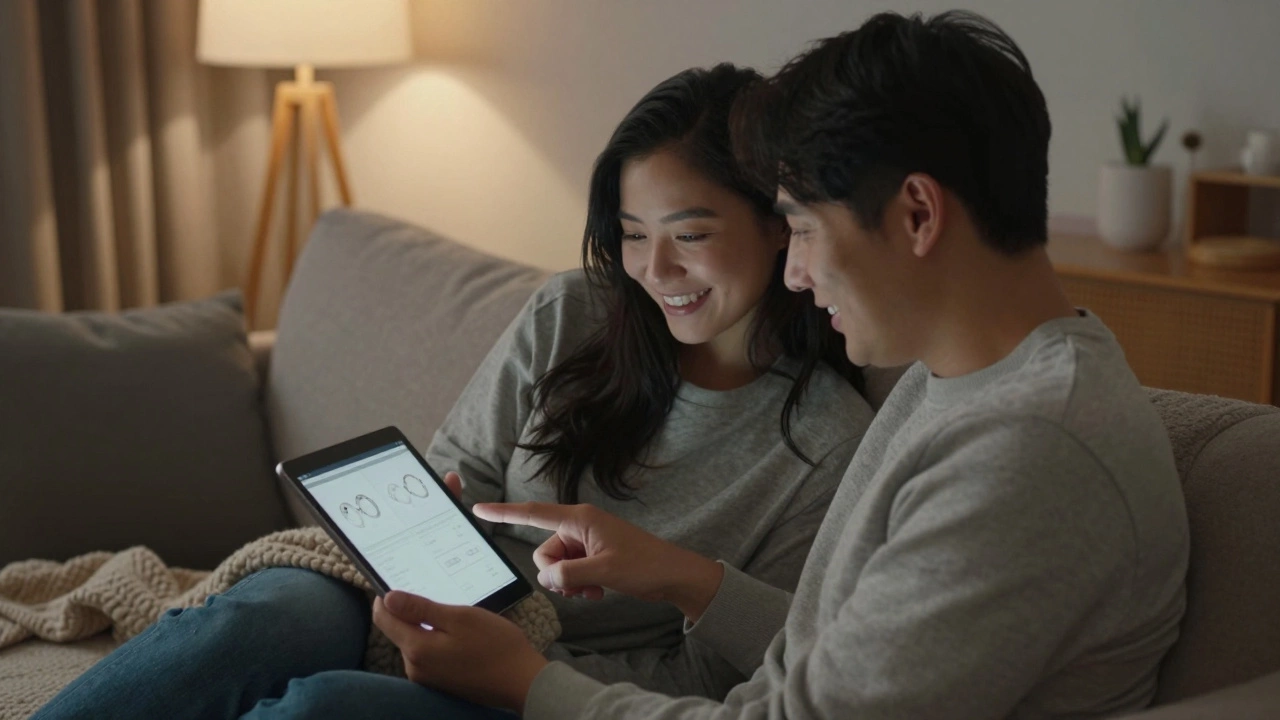 Partner browsing ring styles online on tablet at home