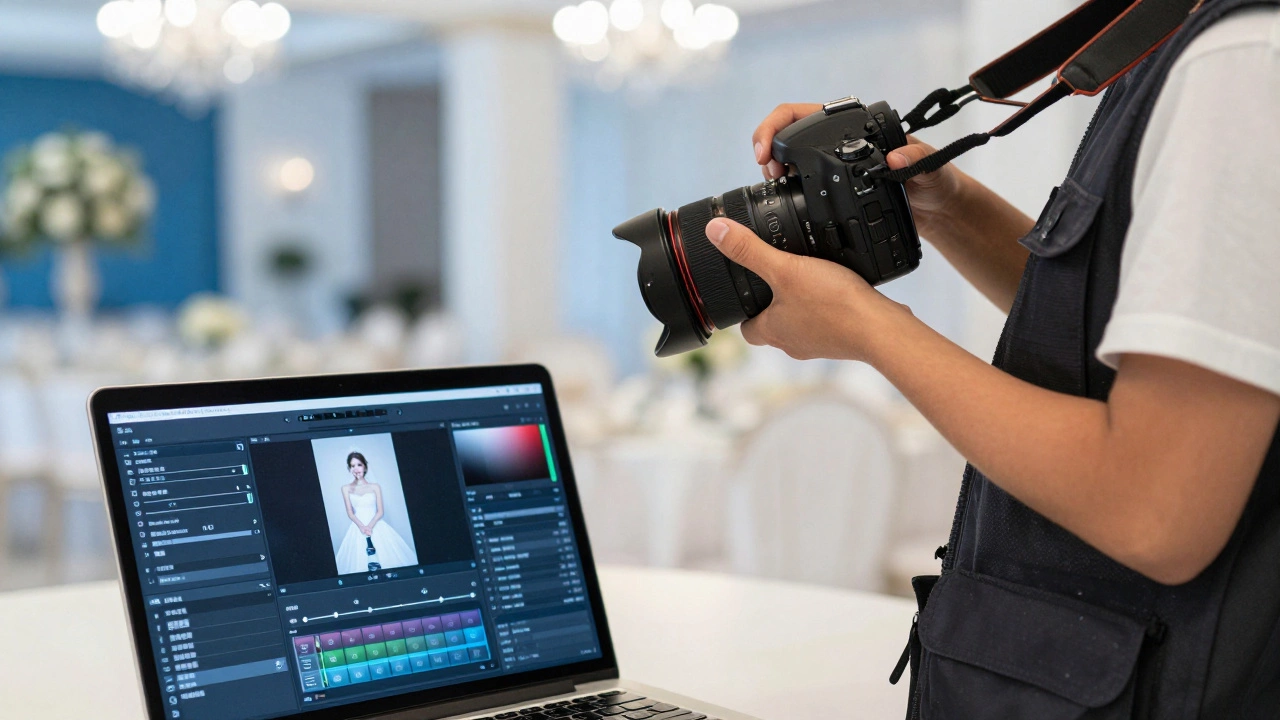 Photographer with camera gear and editing software display