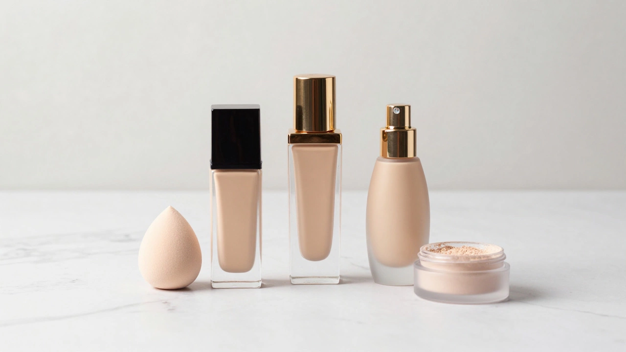 Professional foundation bottles and tools on marble surface