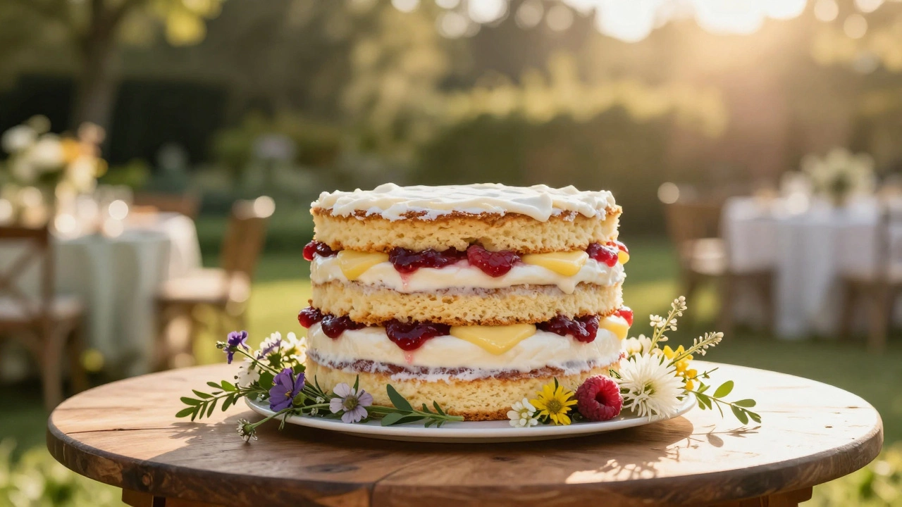 Rustic naked vanilla cake with fruit fillings decorated with wildflowers outdoors.