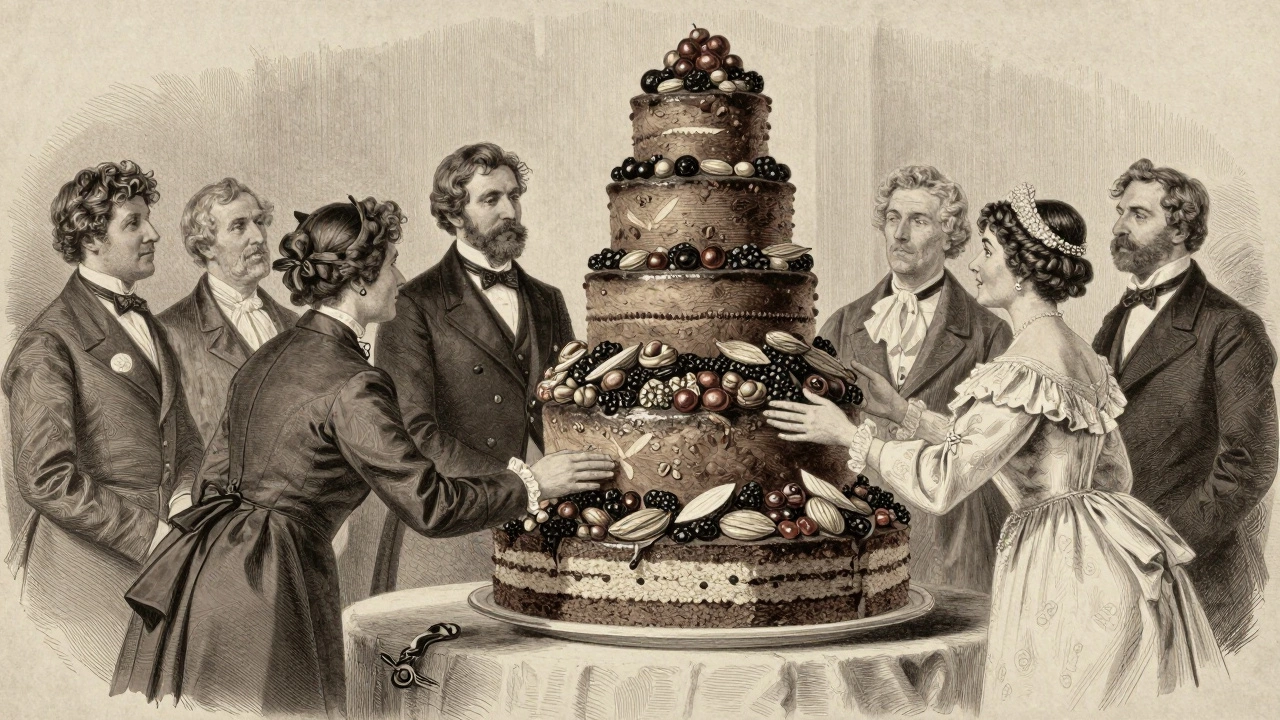 Victorian engraving of a traditional English wedding featuring a dense fruitcake.