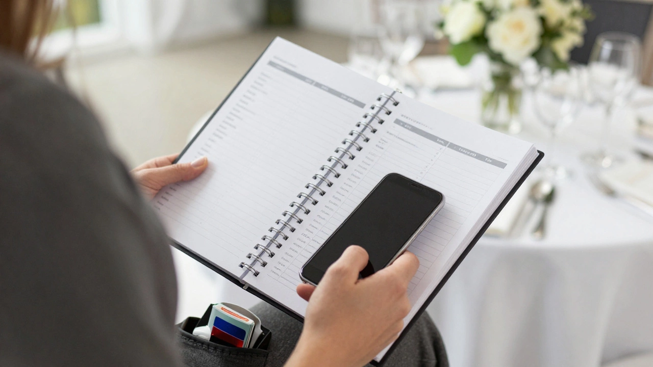 Wedding planner checking timeline and emergency kit details