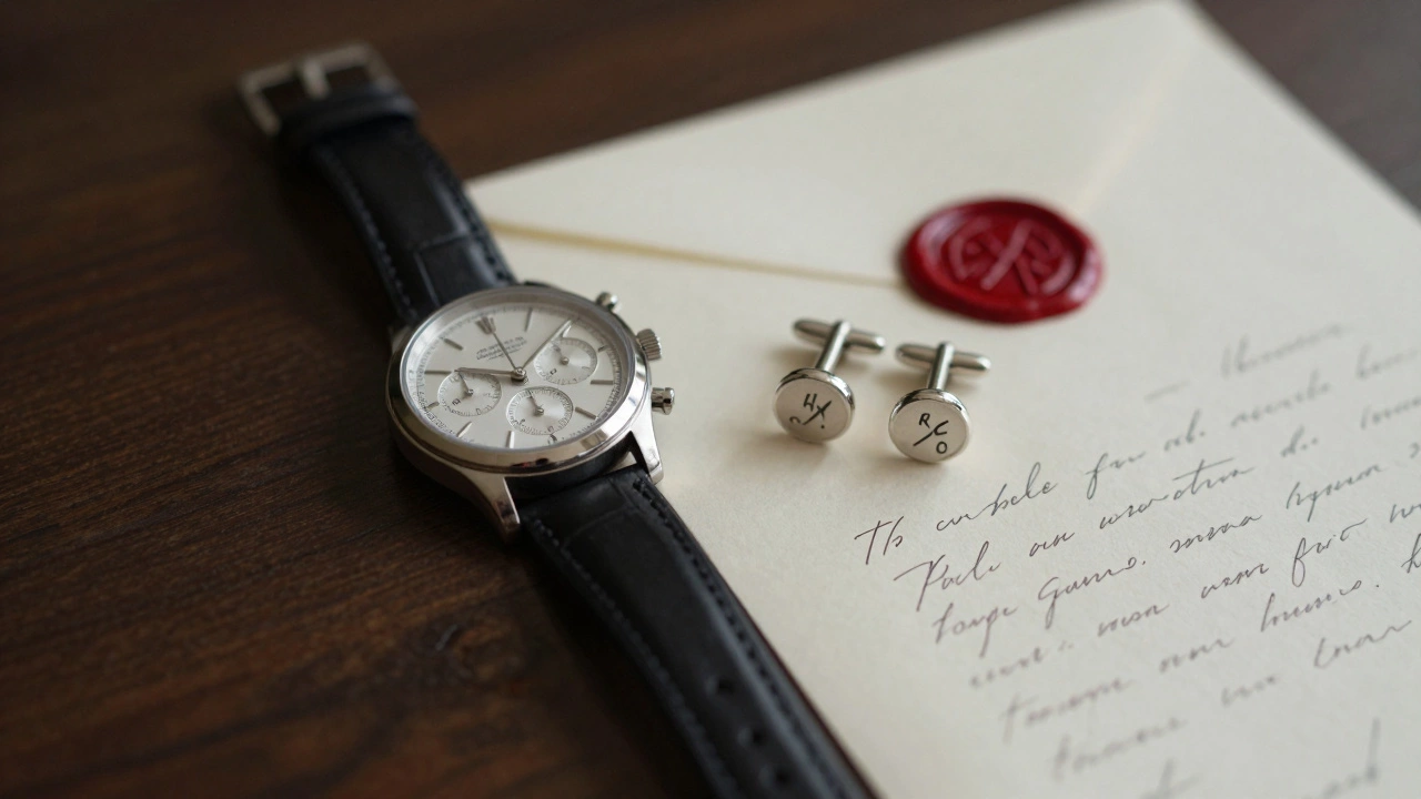 Wedding watch, cufflinks, and handwritten letter