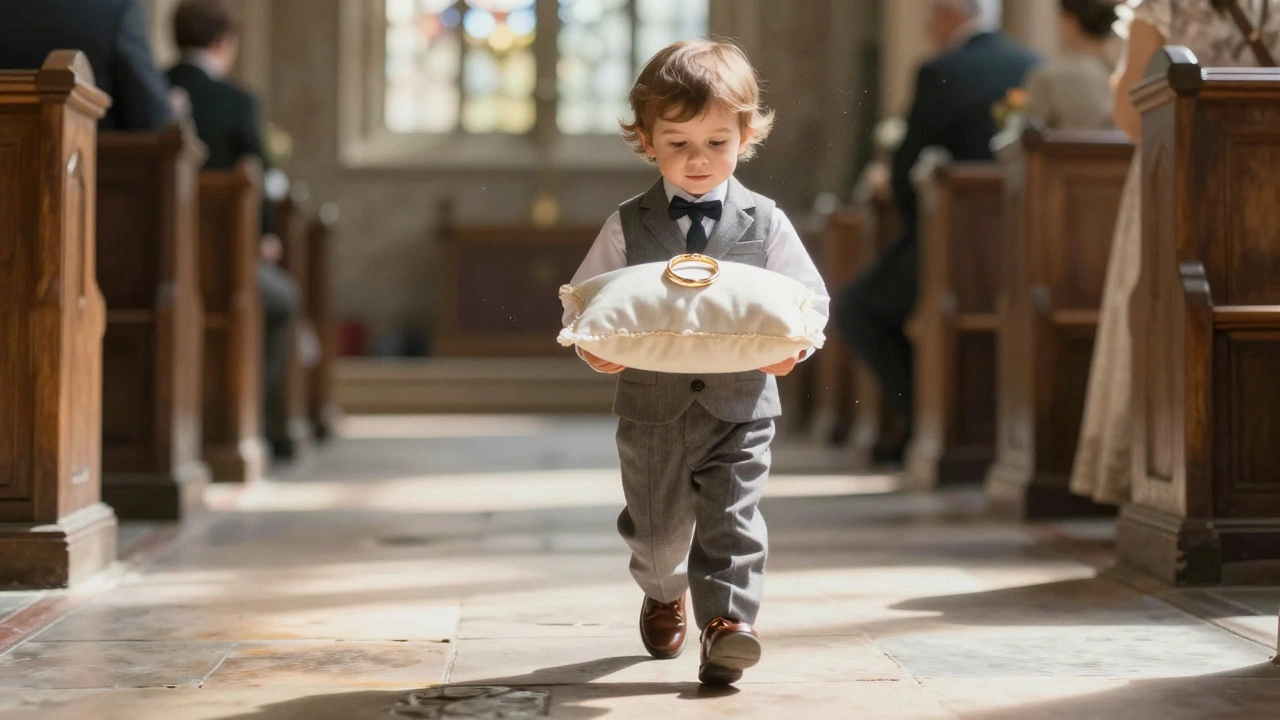 Young ring bearer carrying pillow with rings down wedding aisle