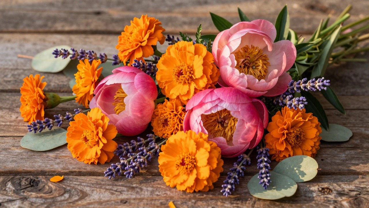 Artistic arrangement of marigolds, peonies, and lavender on wood