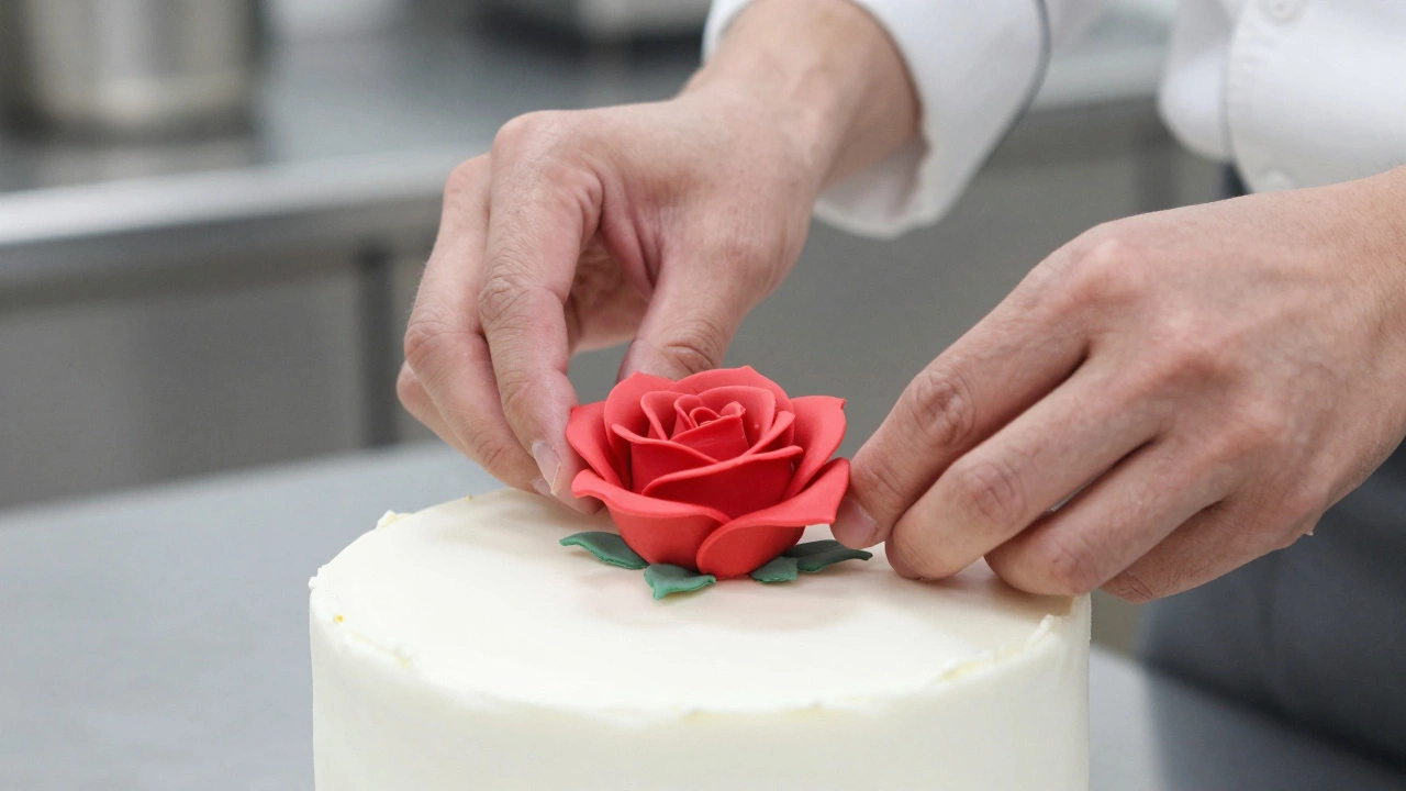 Baker's hands decorating a fondant cake with a sugar rose