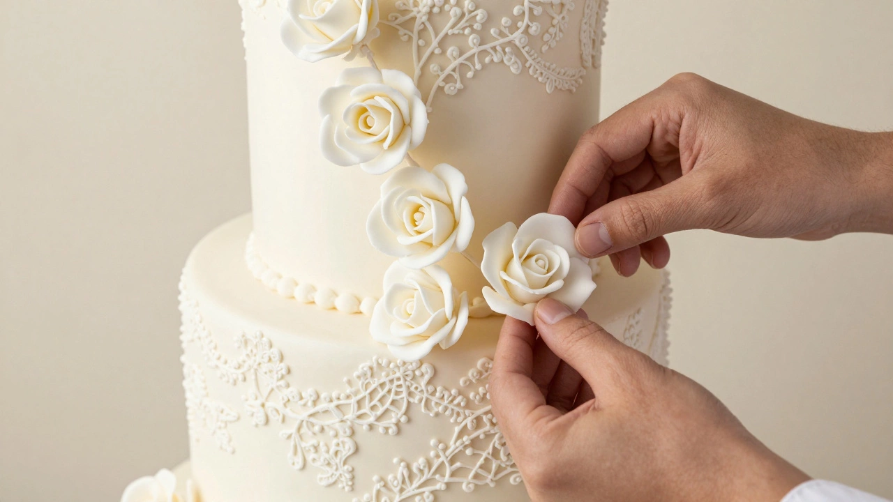Close-up of hands decorating a tiered wedding cake with sugar flowers
