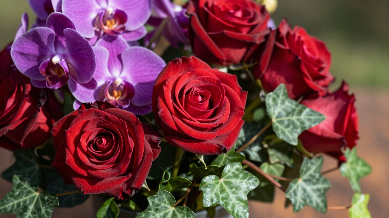 Close-up photo of red roses, orchids, and ivy in natural light