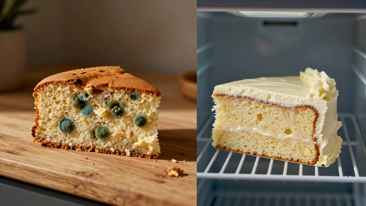 Comparison of moldy cake at room temp vs frozen cake