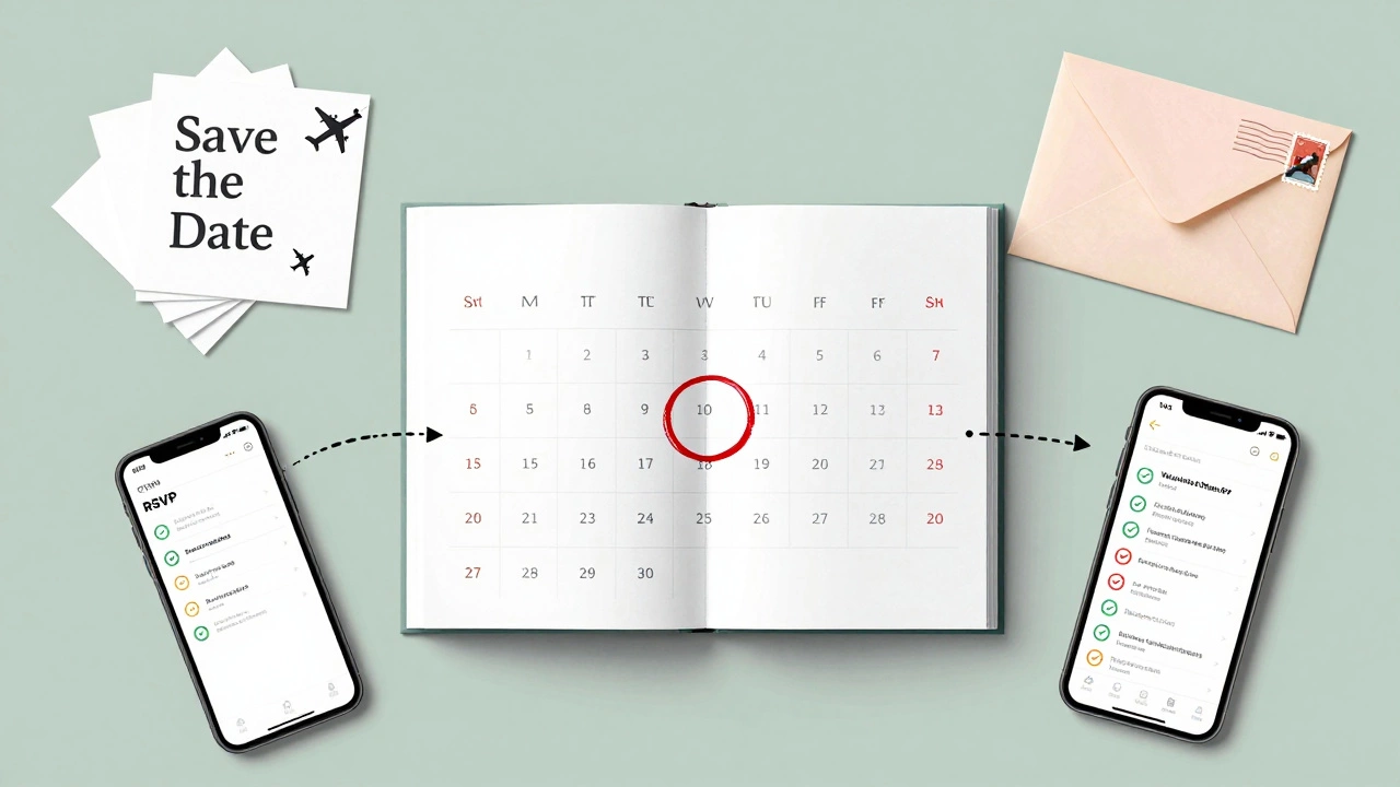Conceptual flat-lay of wedding timeline with calendar and RSVP tools