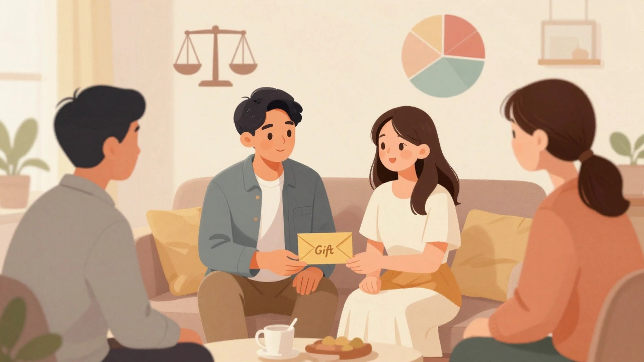 Couple and parents discussing wedding gifts and budget in a cozy living room.