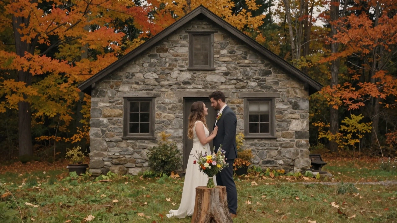 Couple eloping near a rustic cabin in autumnal Vermont