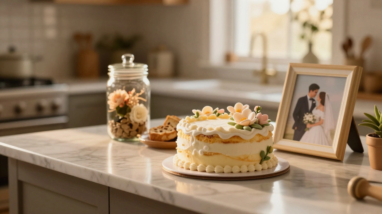 Couple enjoying a fresh replica wedding cake for anniversary