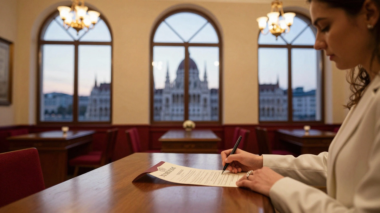Couple signing marriage papers in a historic Budapest registry office