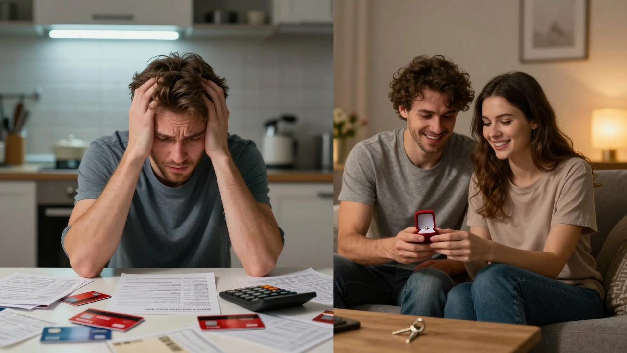 Couple stressed by bills vs happy couple with modest ring