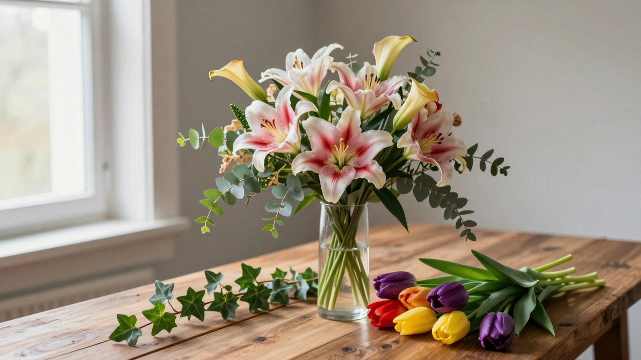 Elegant arrangement of lilies, tulips, and ivy on a wooden table