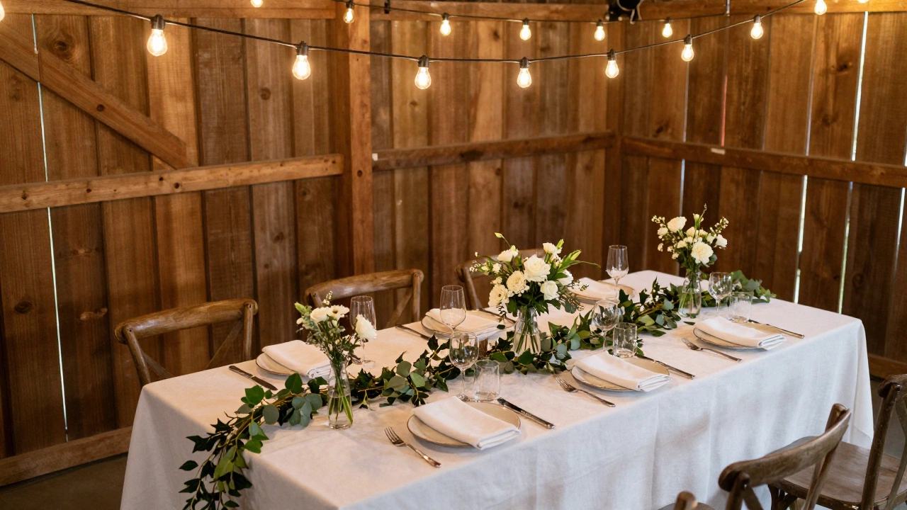 Elegant budget-friendly wedding table with greenery and string lights