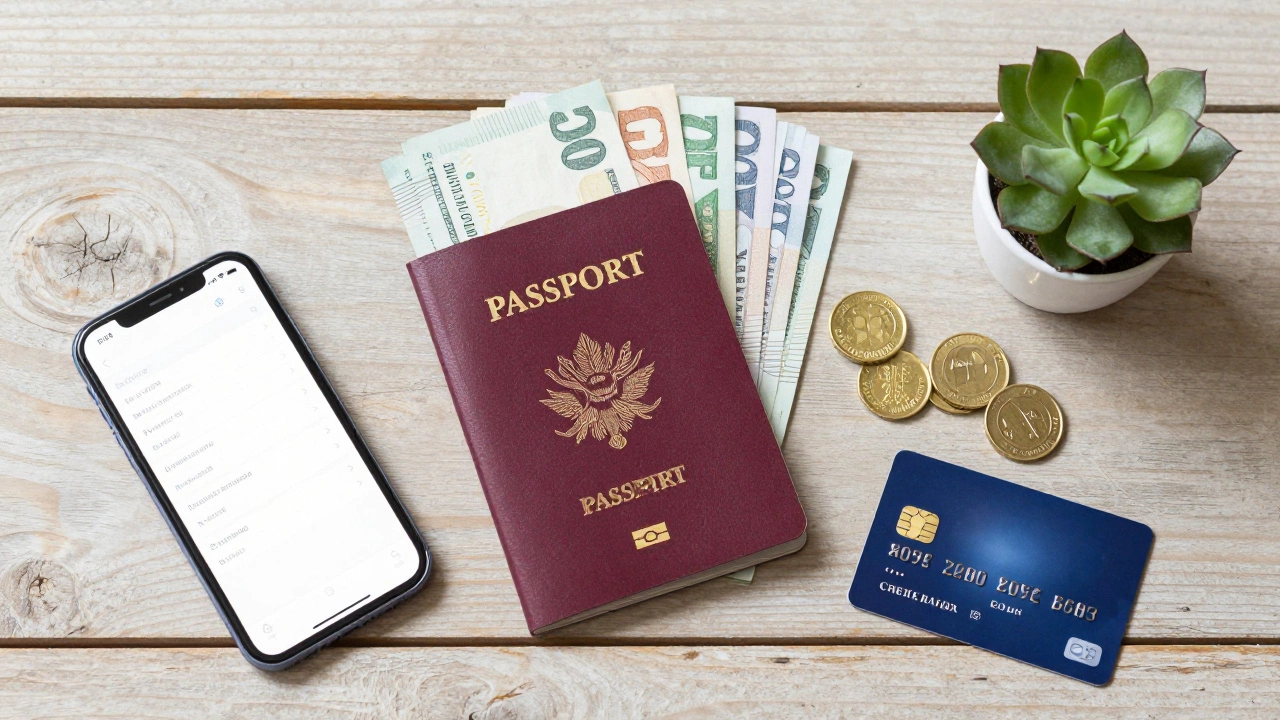 Flat lay of passport, cash, phone, and credit card on wood