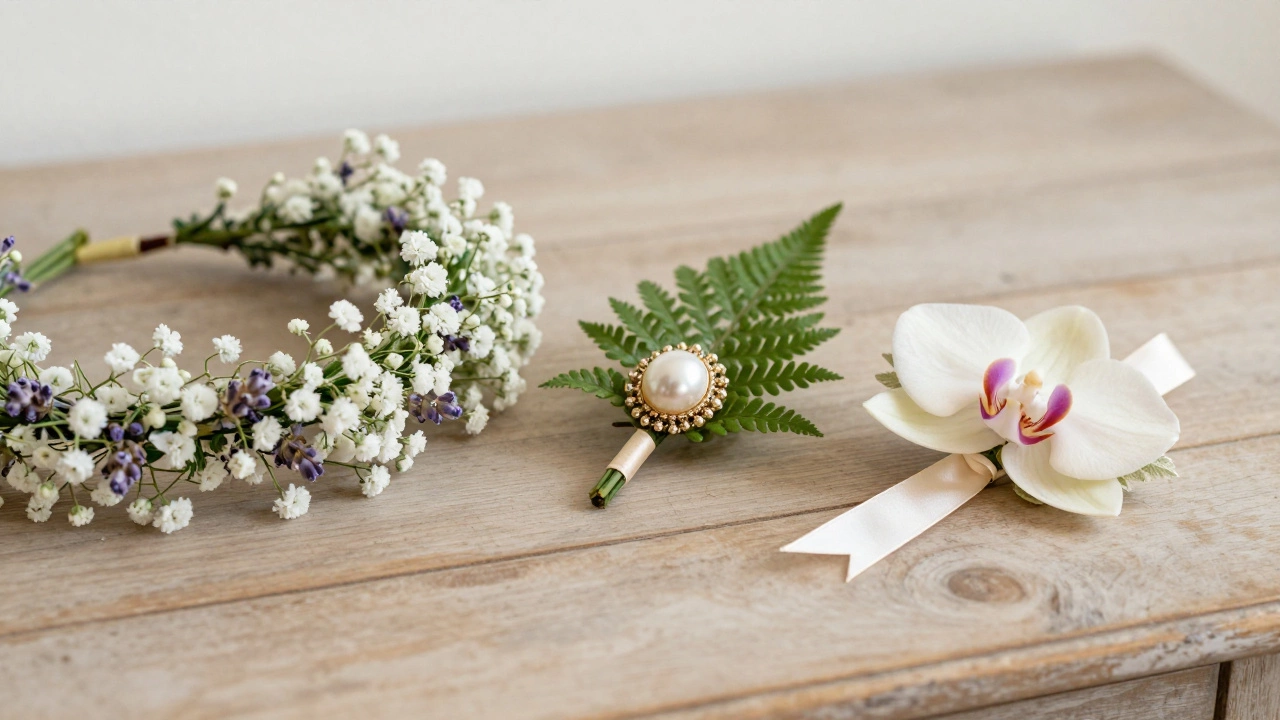 Flower crown, brooch corsage, and wristlet displayed on a wooden table